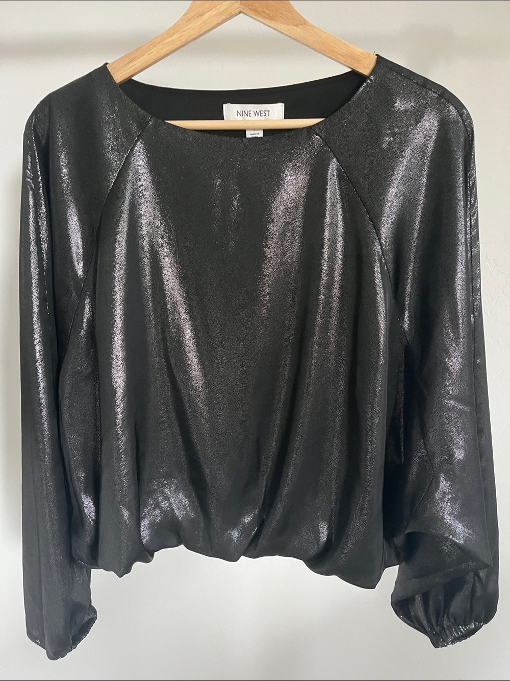 Nine West Black Metallic Long-Sleeve Blouse Small